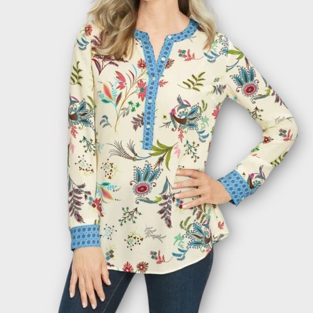 NWOT Talbots Band Collar Popover Top Blouse Cream Floral Long Sleeve size L